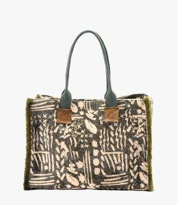 POP VELVET KHAKI Viscose, katoen, AQ, leren tas voor dames 40 x 30 x 15 cm - 1