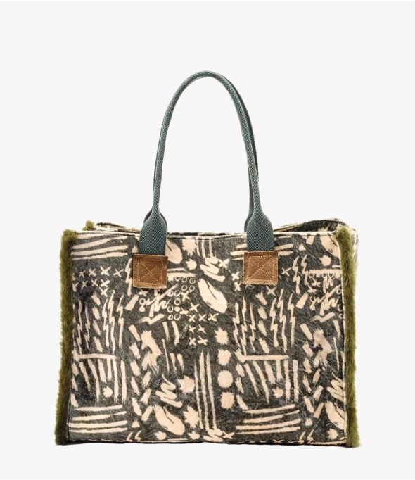 POP VELVET KHAKI Viscose, katoen, AQ, leren tas voor dames 40 x 30 x 15 cm - 1