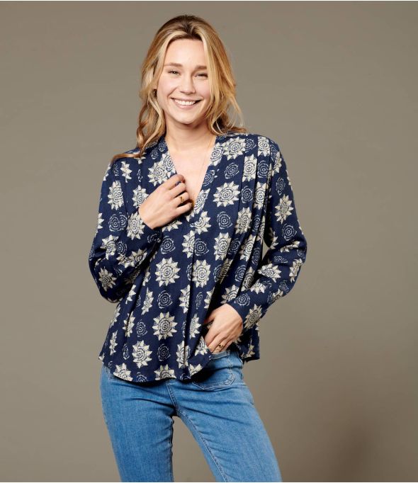 SARA ROSETTE NAVY Viscose blouse voor dames - 1