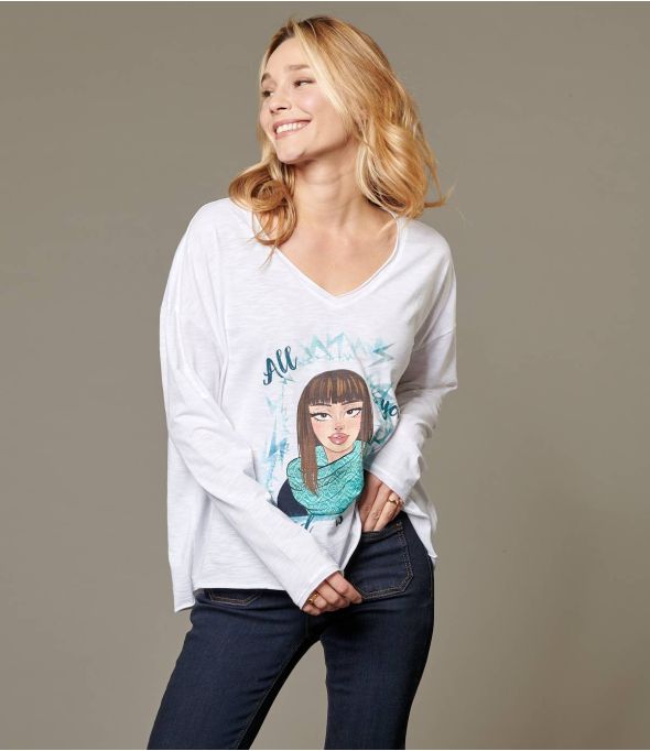 VIKI PEPITA TURQUOISE Katoenen T-shirt voor dames - 1